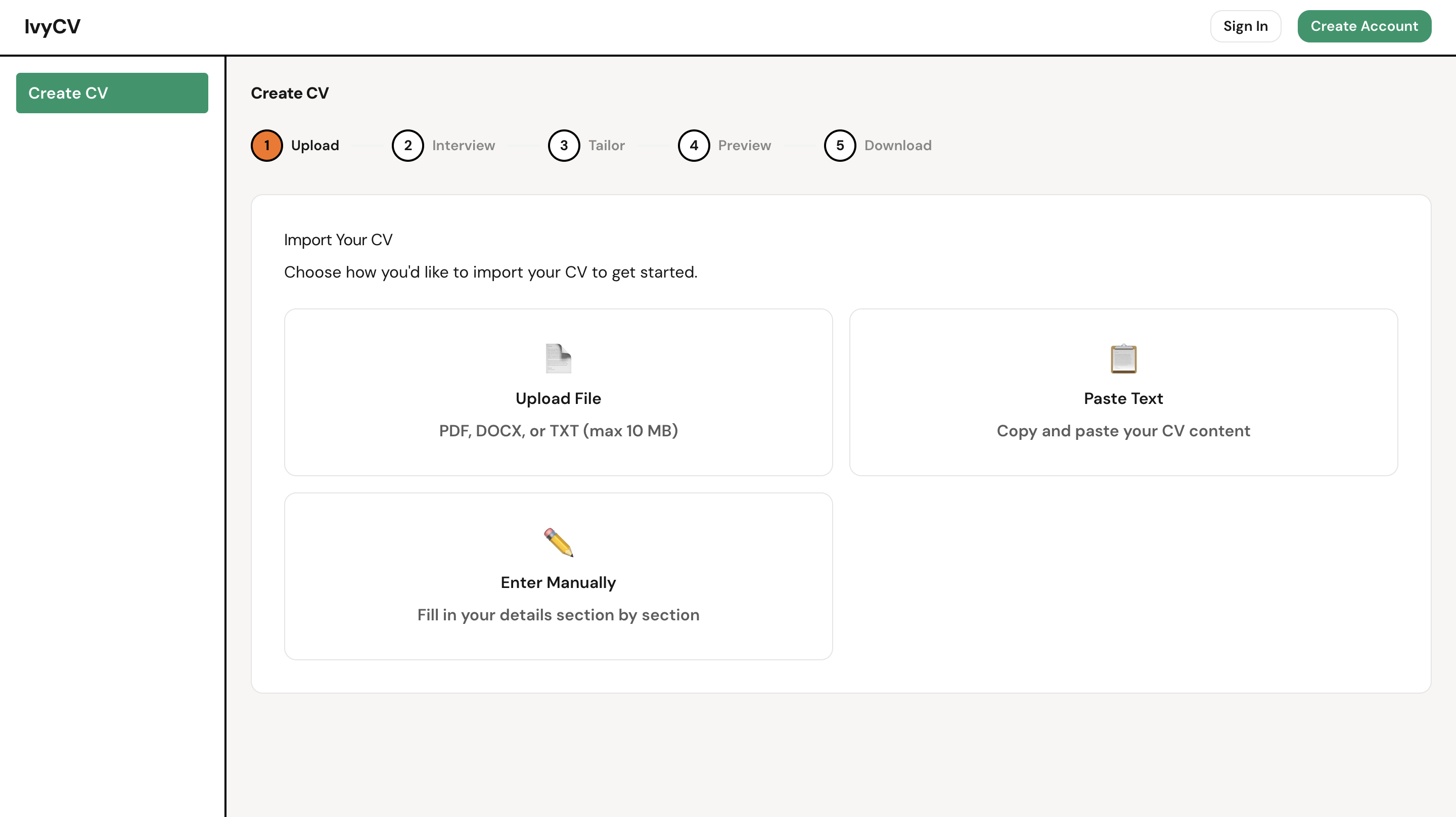 CVD generation one — five-step pipeline: Upload, Interview, Tailor, Preview, Download
