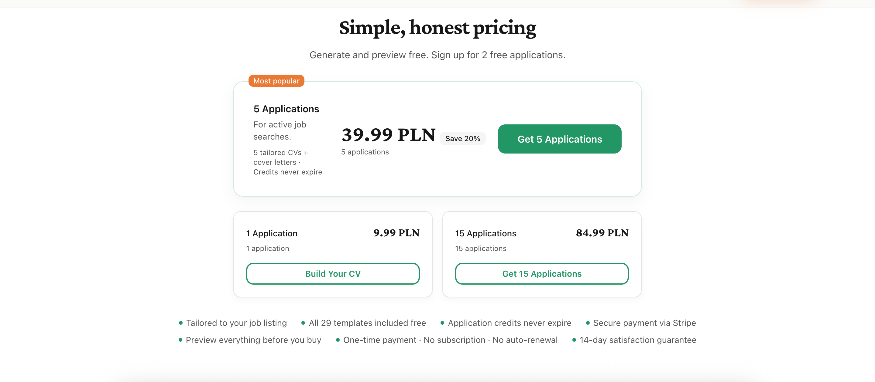 CVD pricing page — one-time application bundles, payments via Stripe