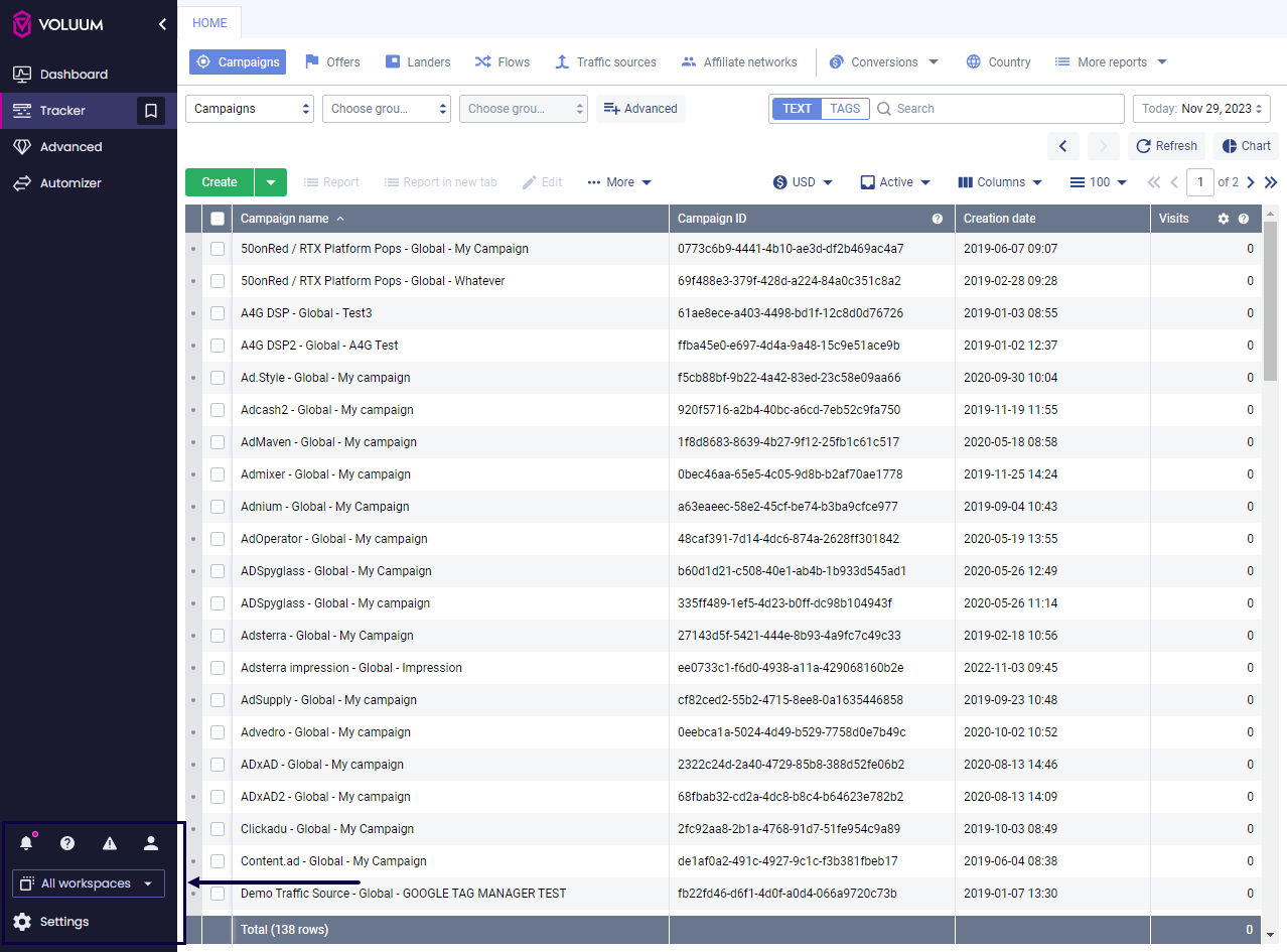 After — the shipped side navigation with Dashboard, Tracker, Advanced and Automizer modules, workspace and settings grouped bottom-left