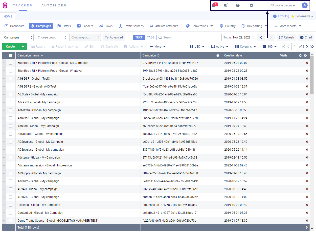 Before — Voluum's legacy horizontal top navigation with account controls scattered along the top bar