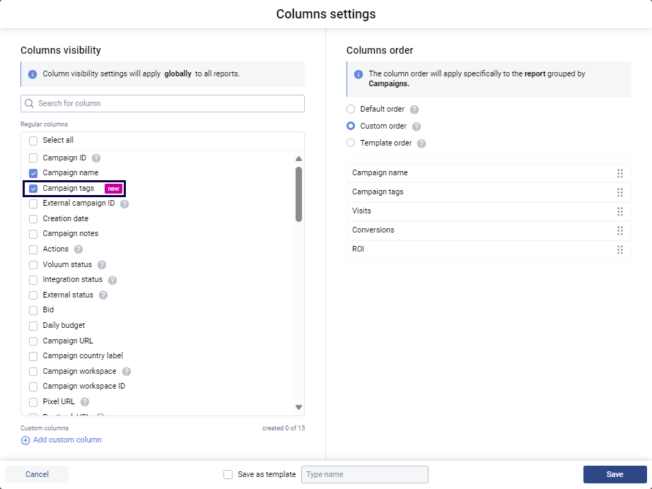 Voluum's columns settings dialog with the shipped 'Campaign tags' column marked as new