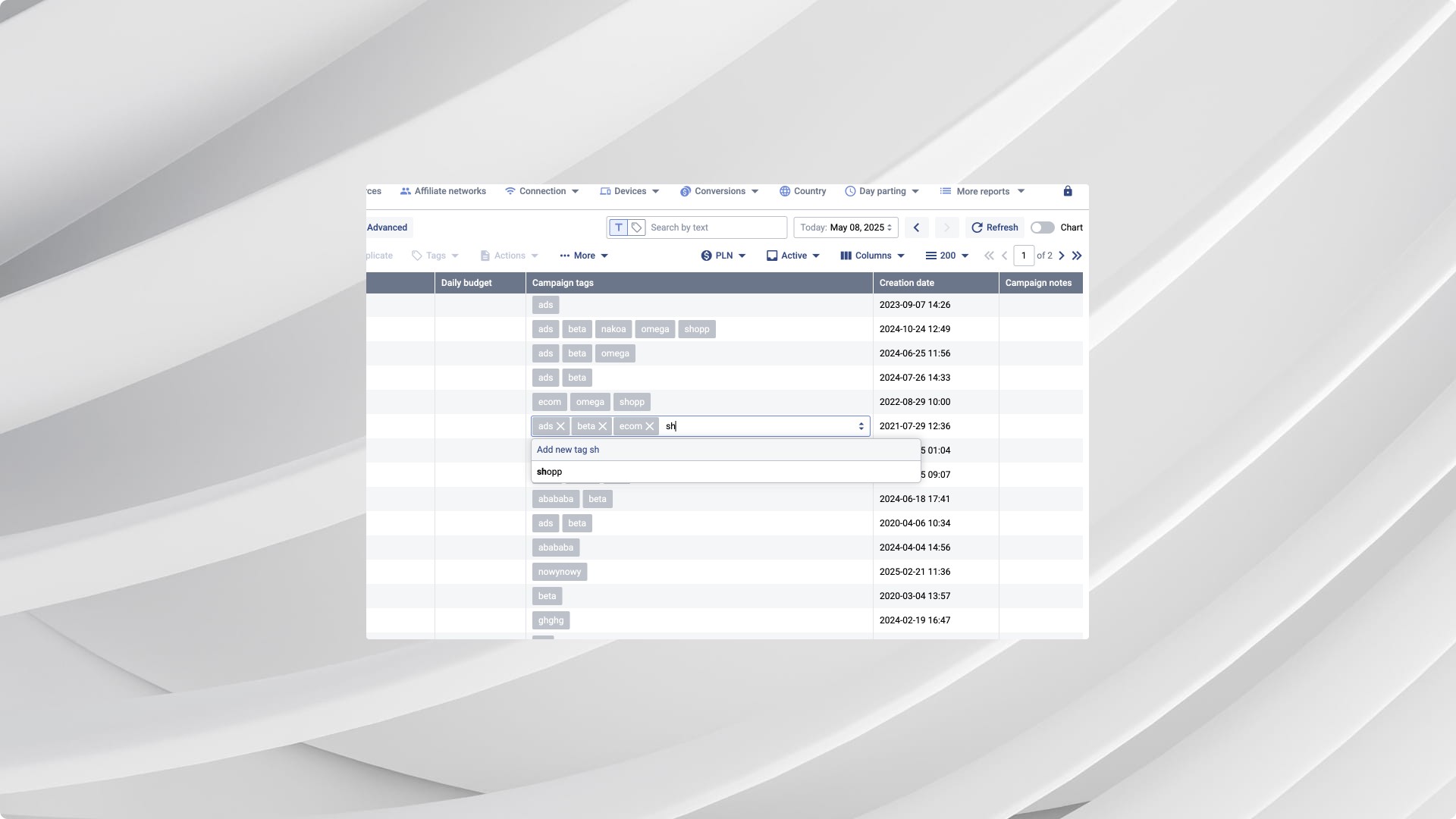 Inline tag editing in the campaign table with autocomplete and add-new-tag suggestion