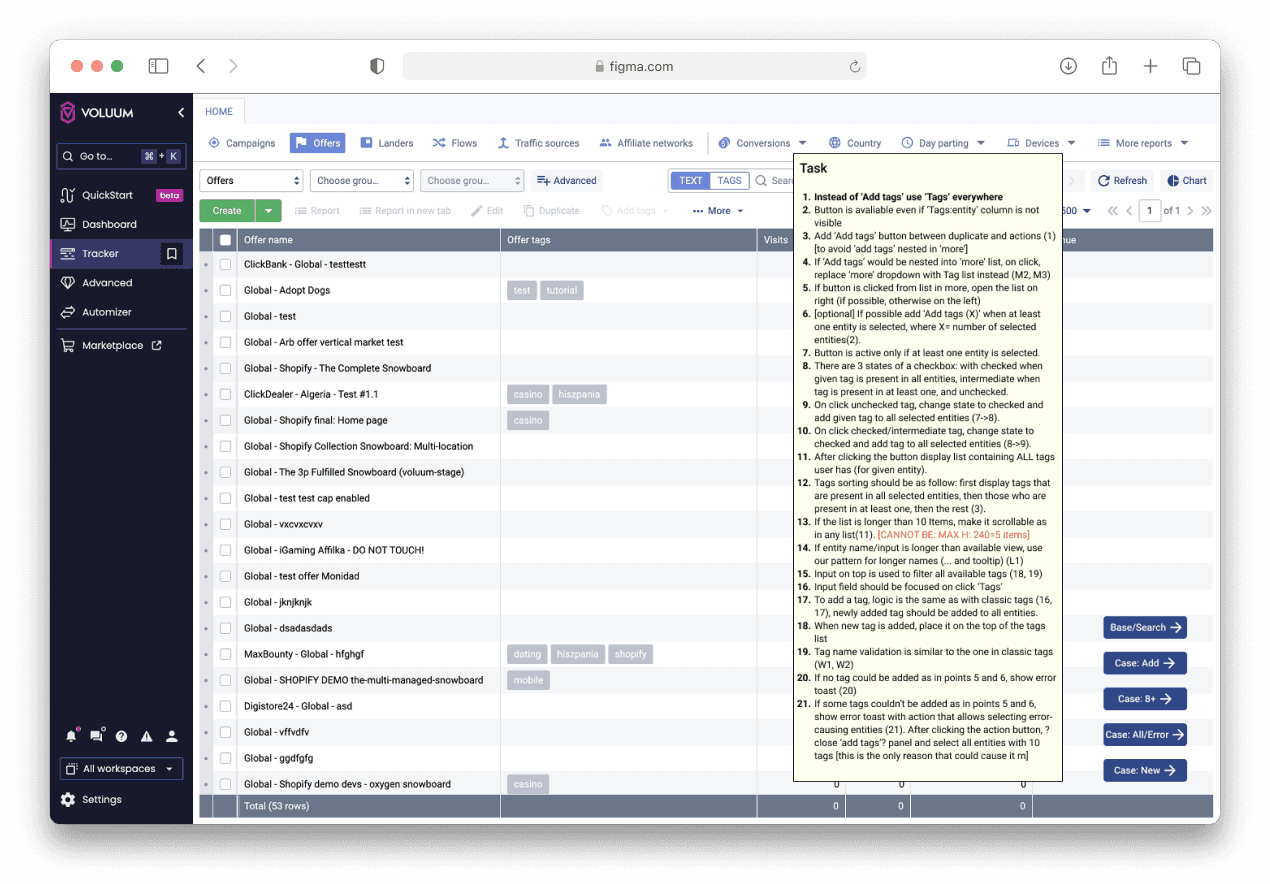 Interaction spec for the tags feature — button placement, checkbox states, sorting and validation rules