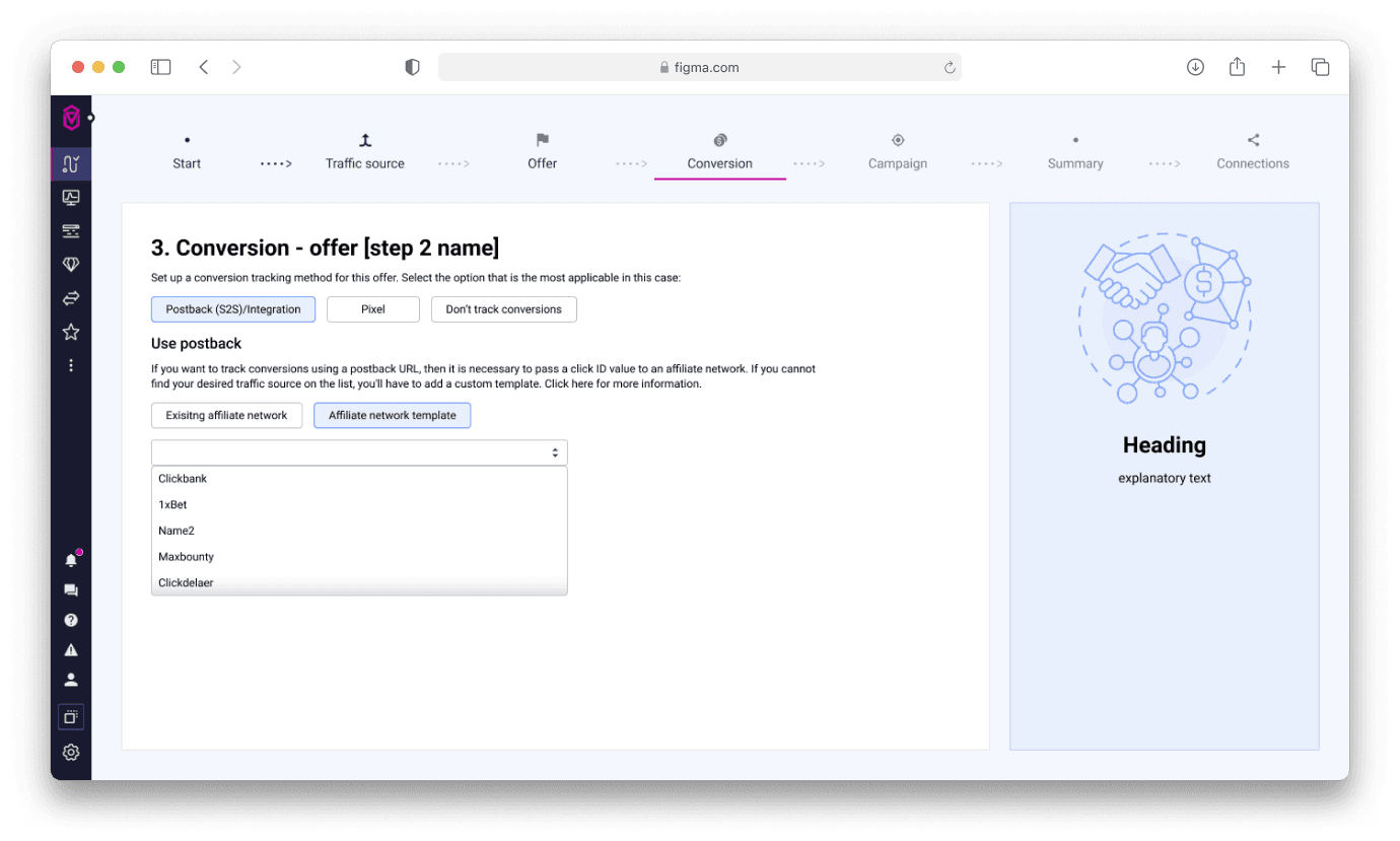 Wizard conversion-tracking step design — postback, pixel, or no tracking, with affiliate network templates