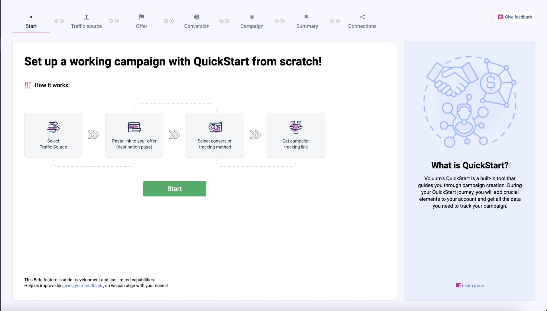 QuickStart's shipped entry screen — 'Set up a working campaign with QuickStart from scratch' with the four-step how-it-works diagram and the full wizard stepper