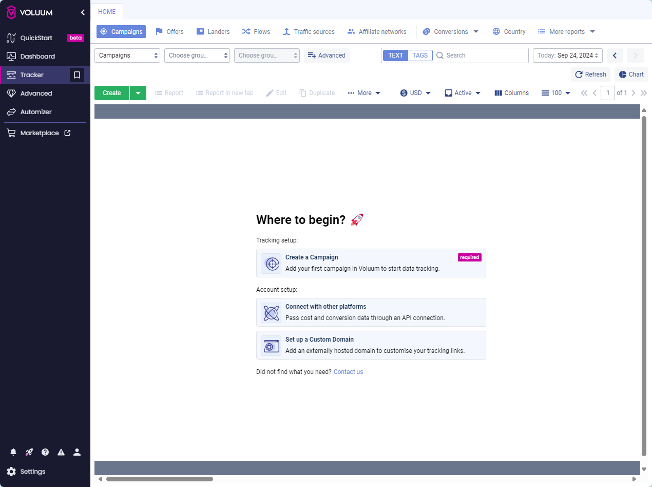 Voluum's new-user starting point — QuickStart as a permanent entry in the side navigation next to a 'Where to begin?' checklist view