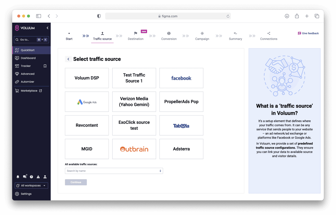 Voluum — campaign creation wizard, traffic source step